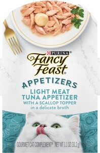 멋진 잔치 전채 가리비 토퍼를 곁들인 가벼운 고기 참치 핥아먹을 수 있는 고양이 간식